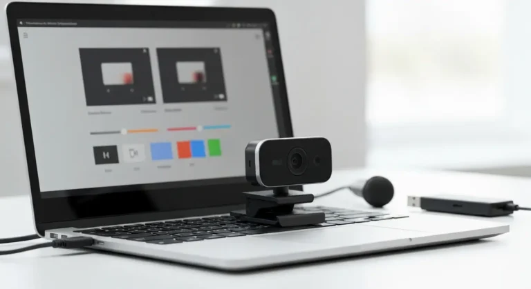 Kamera USB podłączona do laptopa z abstrakcyjnym widokiem programu do nagrywania