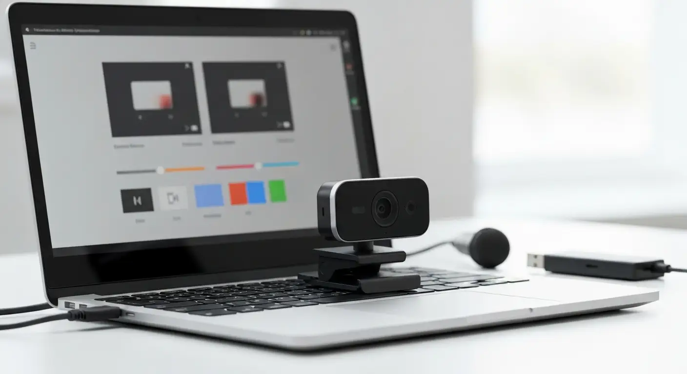 Kamera USB podłączona do laptopa z abstrakcyjnym widokiem programu do nagrywania
