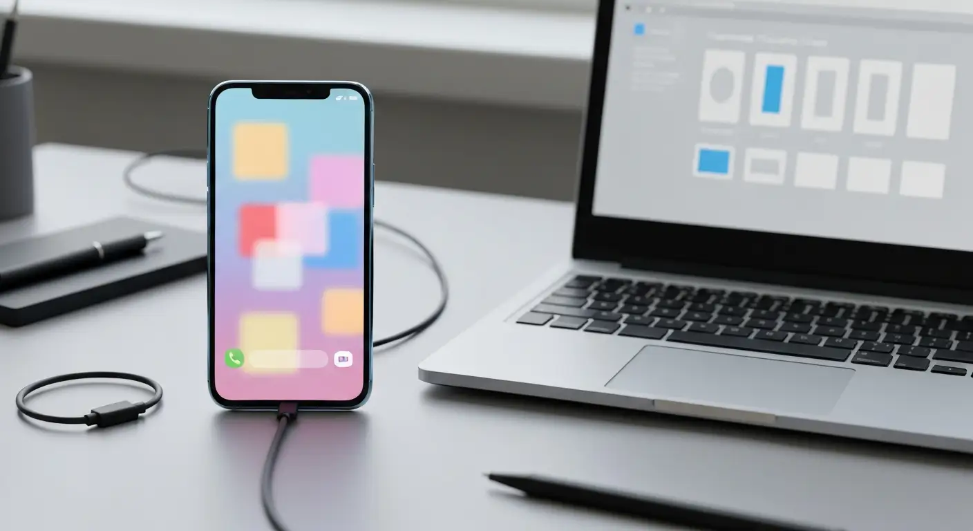 Telefon z Androidem podłączony kablem USB do laptopa z narzędziem serwisowym