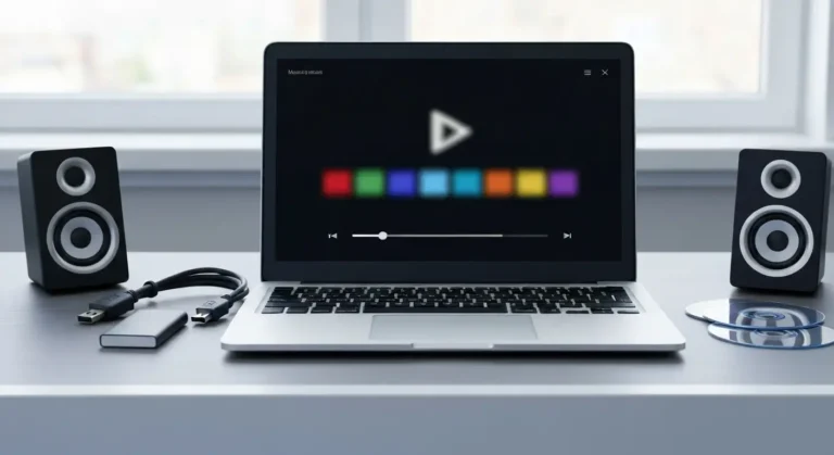 Laptop z odtwarzaczem filmów, dyskiem USB, kablem HDMI i głośnikami