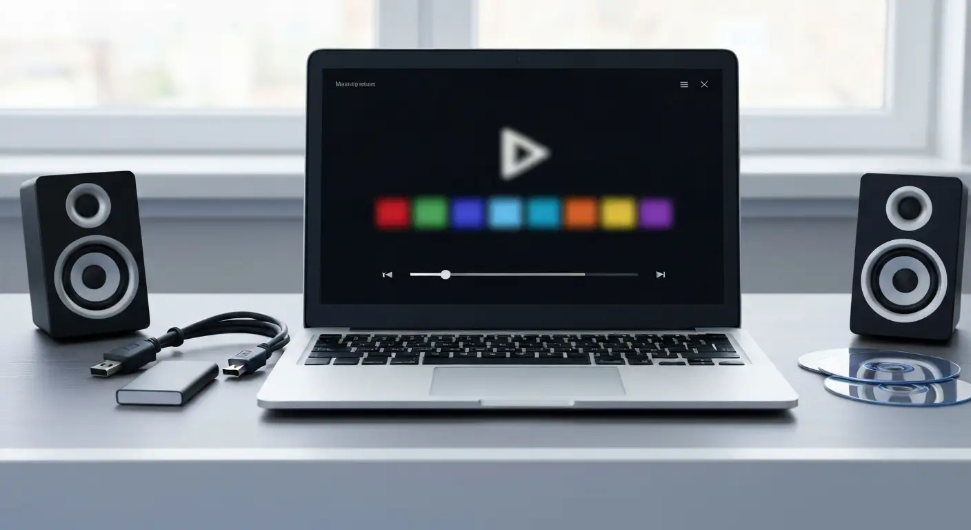 Laptop z odtwarzaczem filmów, dyskiem USB, kablem HDMI i głośnikami