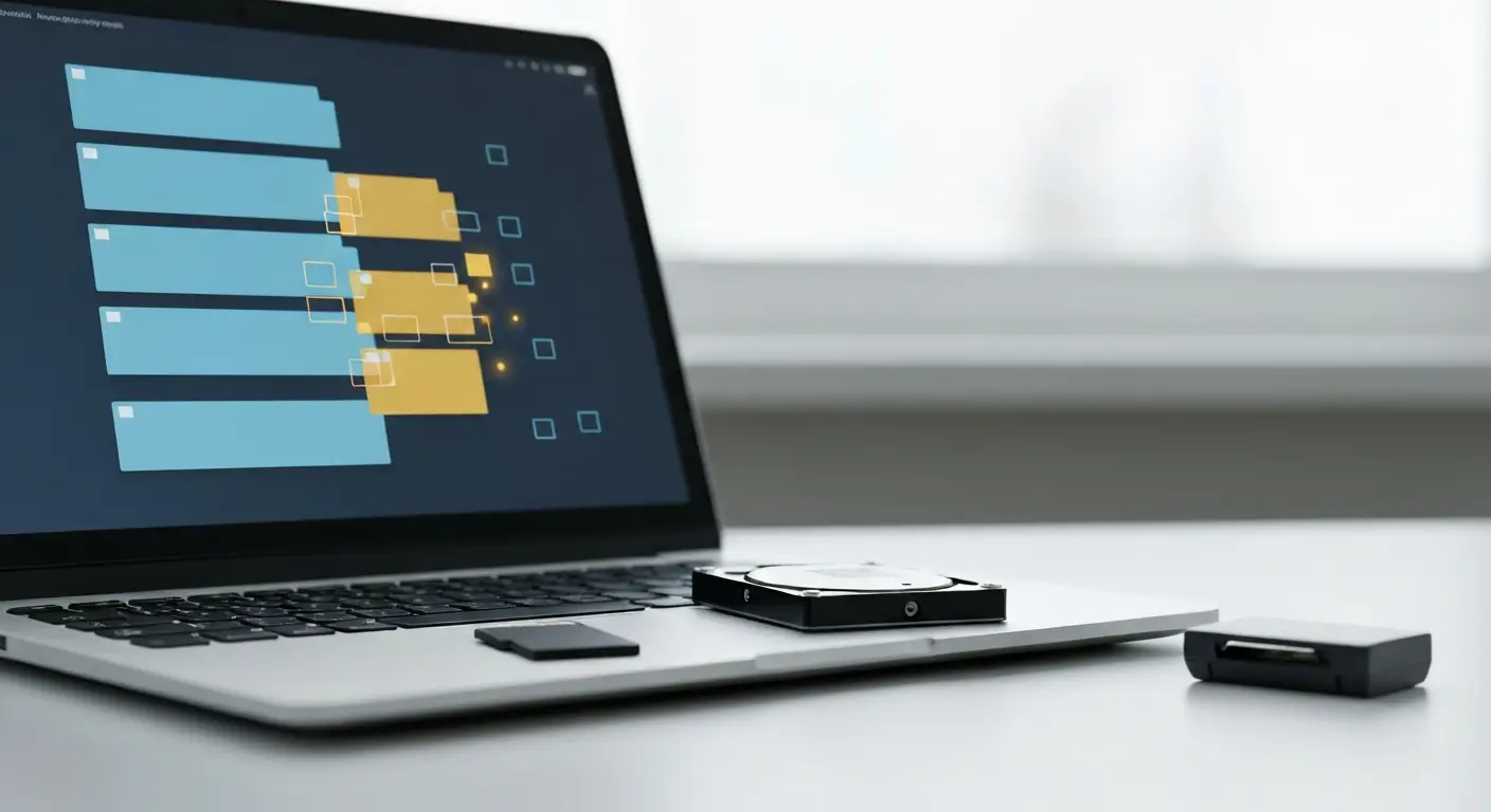 Laptop z abstrakcyjnym skanowaniem odzyskiwania danych, dysk twardy, karta SD i czytnik USB