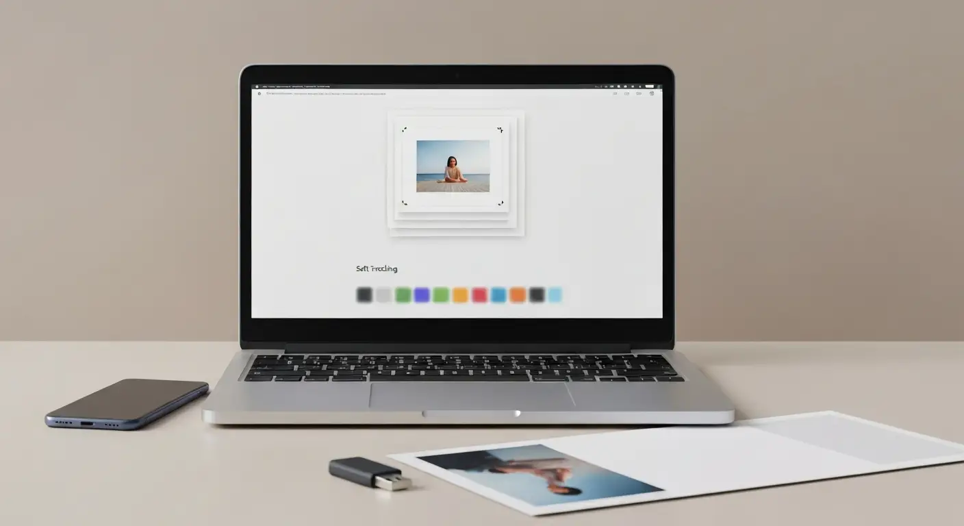 Laptop z abstrakcyjnym interfejsem programu do ożywiania zdjęć i animacji plików