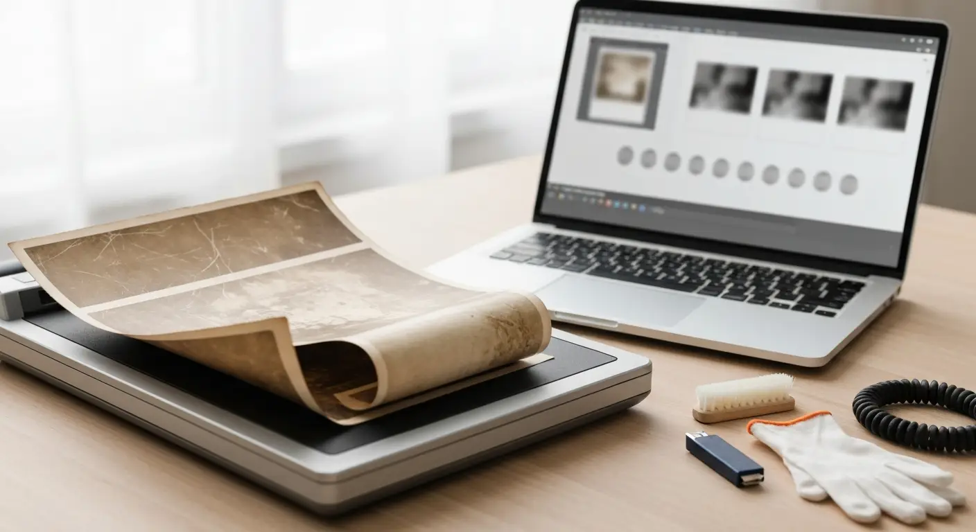 Skaner, zniszczona stara fotografia i laptop z abstrakcyjnym widokiem retuszu