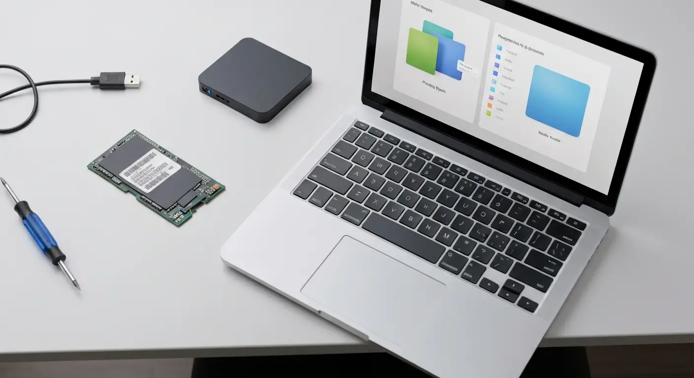 Laptop z abstrakcyjnym widokiem partycji dysku, dysk SSD i zewnętrzny nośnik kopii zapasowej