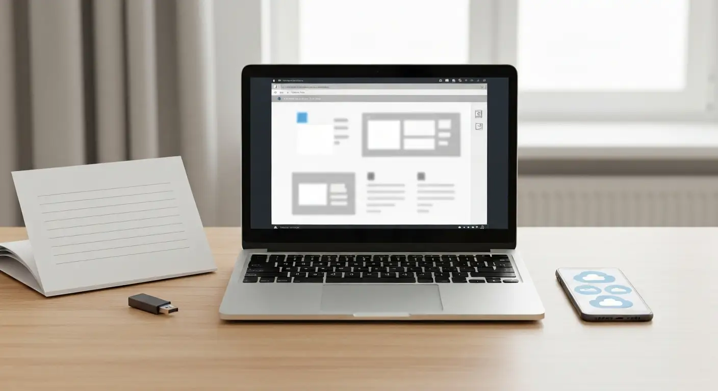 Laptop z abstrakcyjnym edytorem dokumentów, smartfonem i pendrivem na biurku