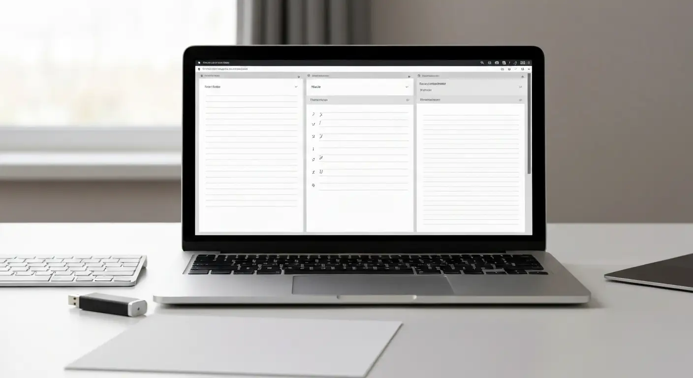 Laptop z trzema abstrakcyjnymi widokami edytora tekstu, notatek Markdown i dokumentu