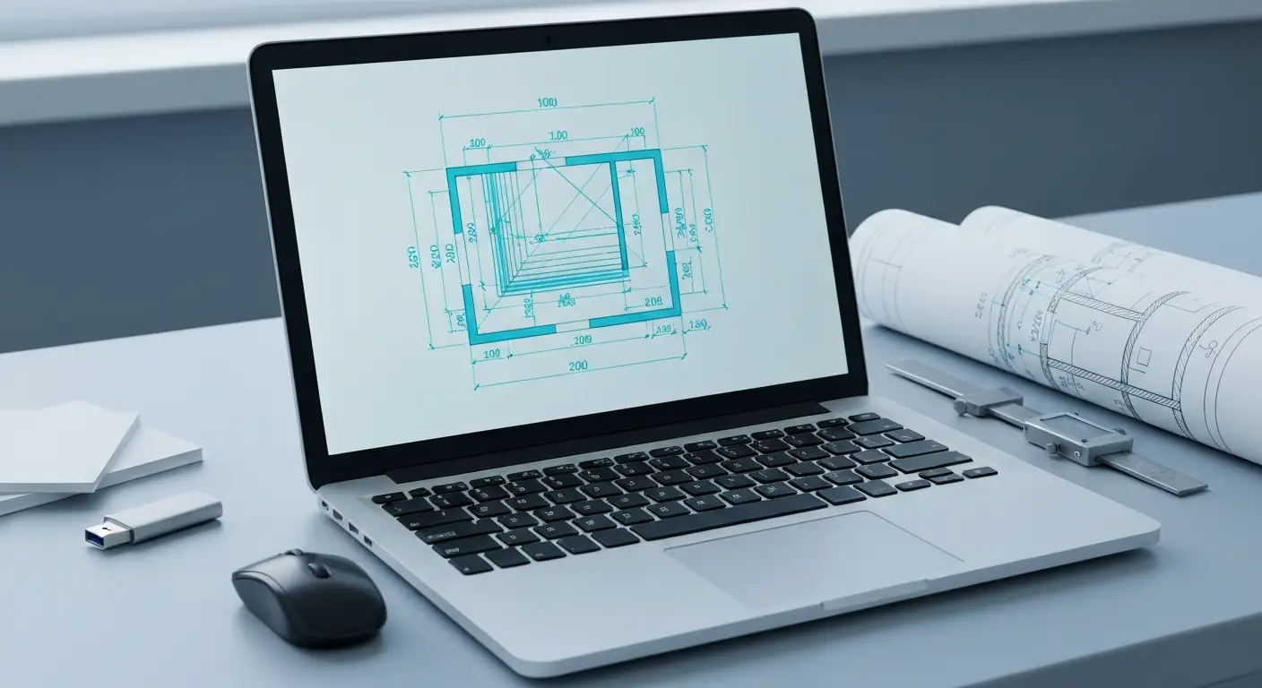 Laptop z abstrakcyjnym rysunkiem technicznym CAD oraz narzędziami kreślarskimi na biurku