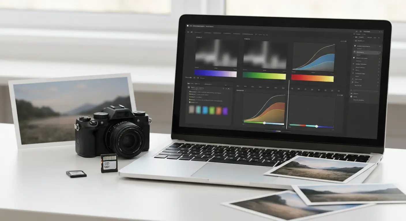 Laptop z edytorem zdjęć, aparat i karta pamięci obok porównania jakości fotografii