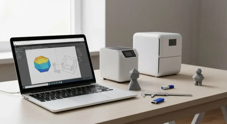 Laptop z abstrakcyjnym projektem 3D, drukarka 3D i wydrukowany uchwyt na biurku