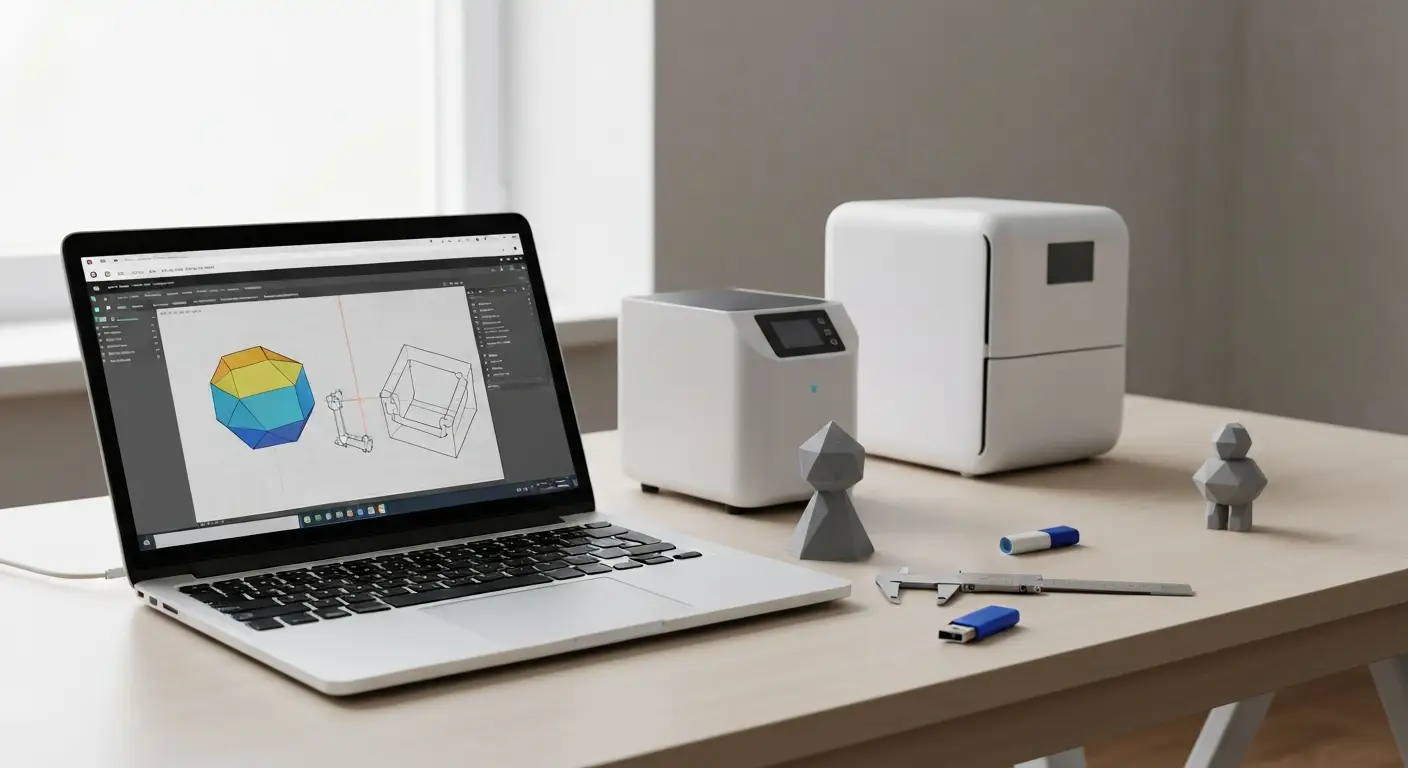 Laptop z abstrakcyjnym projektem 3D, drukarka 3D i wydrukowany uchwyt na biurku