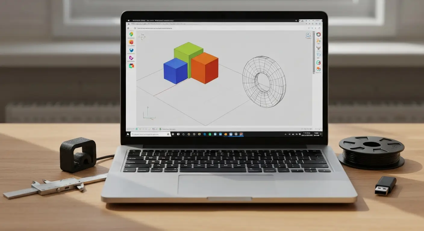 Laptop z abstrakcyjnym projektem 3D, wydrukowanym uchwytem na kabel i akcesoriami do druku 3D