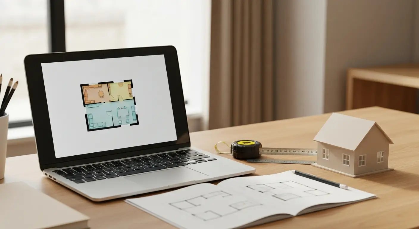Laptop z abstrakcyjnym rzutem domu 3D, miarką i małym modelem budynku