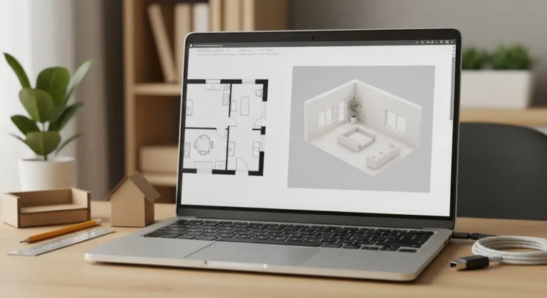 Laptop z abstrakcyjnym rzutem mieszkania 2D i podglądem projektu domu 3D