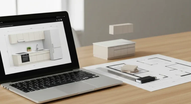 Laptop z abstrakcyjnym projektem kuchni 3D oraz planem wymiarów i próbkami szafek