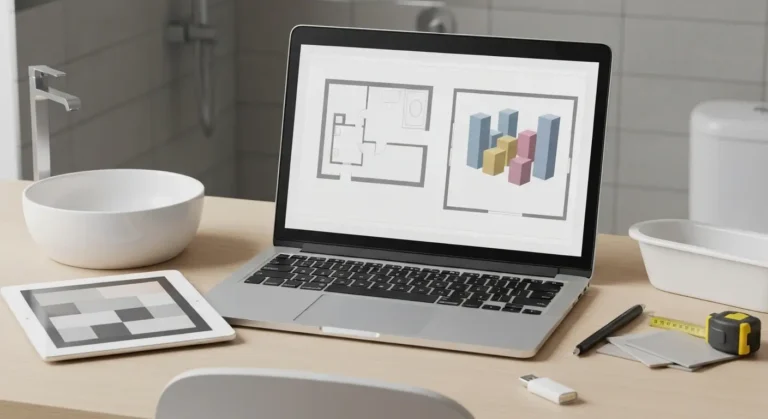 Laptop i tablet z abstrakcyjnym projektem łazienki, próbki płytek i miarka na biurku
