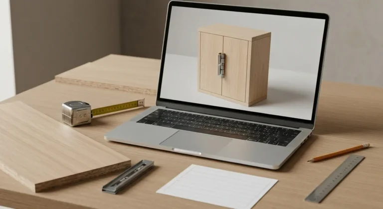 Laptop z modelem szafki oraz płyty meblowe i okucia na stole warsztatowym