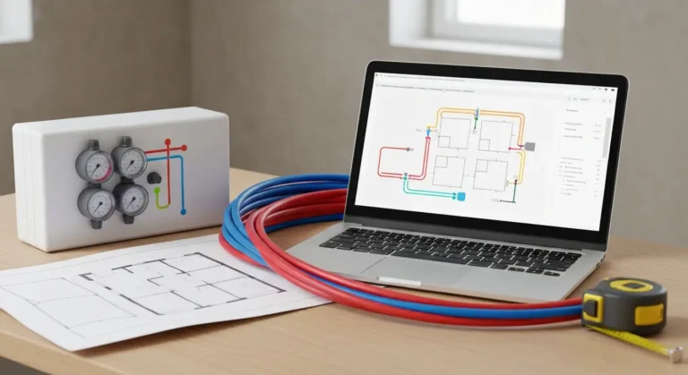 Laptop z projektem ogrzewania podłogowego, rozdzielacz i zwinięte rury instalacyjne