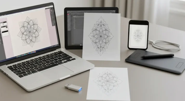 Laptop, tablet i wydrukowany szablon z czarnym wzorem tatuażu na biurku