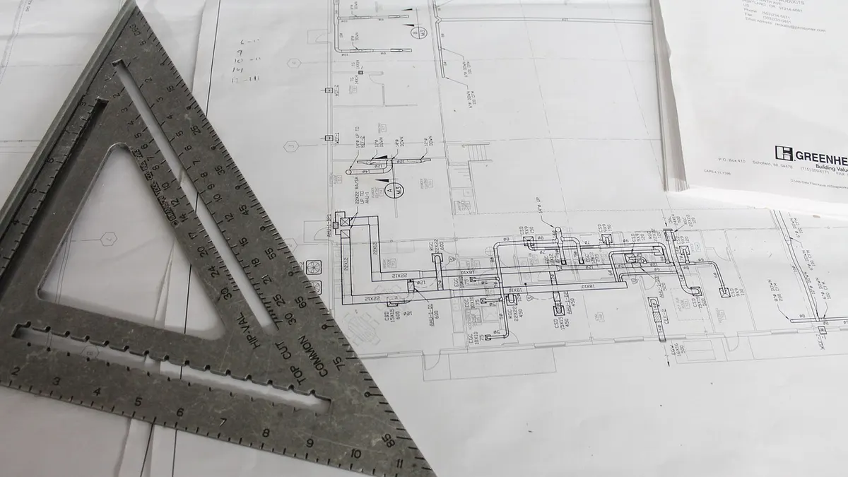 Rzut projektu ogrodu z zaznaczonym tarasem, ścieżkami i roślinami