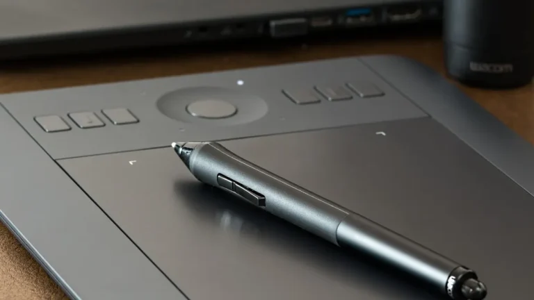 Tablet graficzny z rysikiem i komputerem na biurku do rysowania cyfrowego