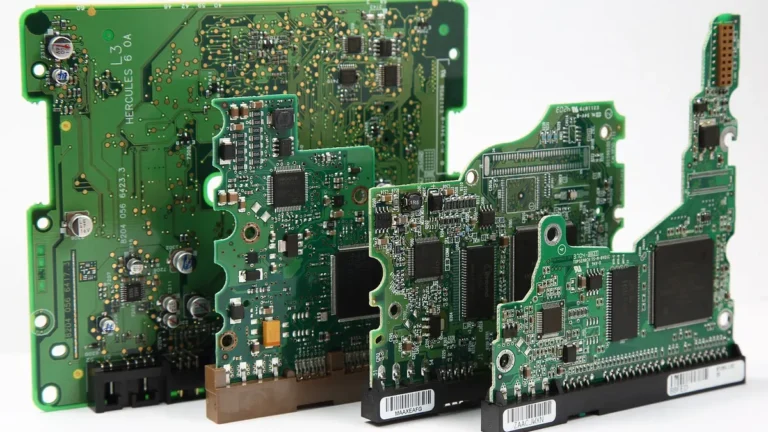 Płytka elektroniczna z elementami i schematem obwodu na biurku