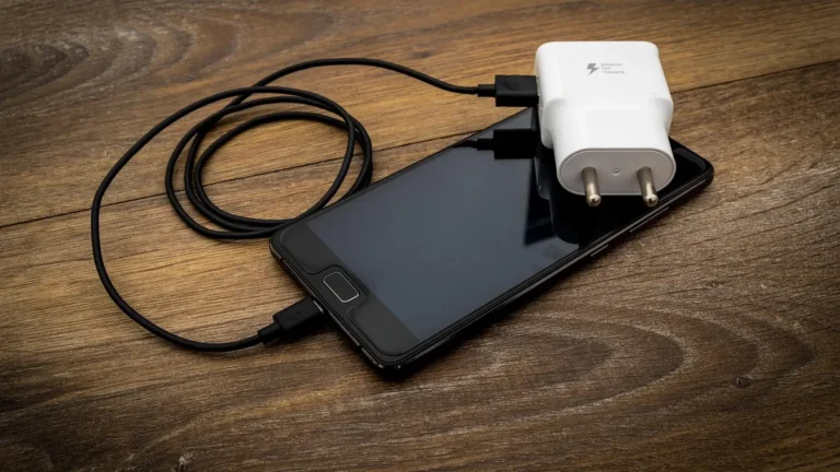 Smartfon z widocznym portem ładowania USB-C i miękkim pędzelkiem do czyszczenia