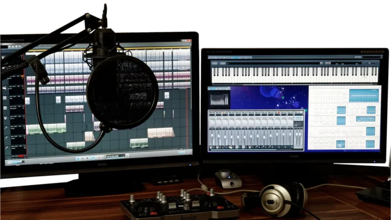 Laptop z słuchawkami podczas konwersji pliku audio WAV na MP3