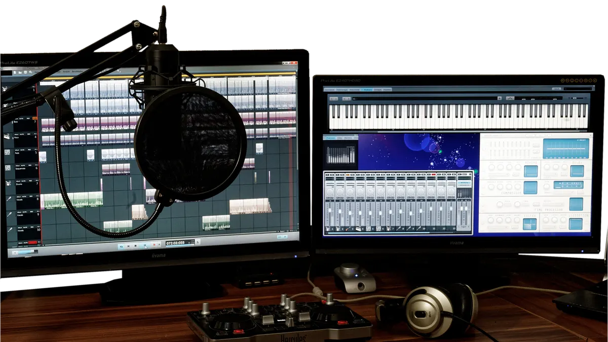 Laptop z słuchawkami podczas konwersji pliku audio WAV na MP3